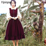 Yipinpay Autumn Winter Women Dress Vintage Lantern Sleeve Ruffles Tutu Dresses Sweet Lace-up High Waist Retro Female Bing