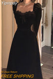 Yipinpay Black Velvet Midi Dress Women Sexy Chic Hollow Out Mesh Dress Female Korean Vintage Casual Evening Party Dress Autumn