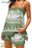 Yipinpay Women Vintage Printing Pants Suit Spaghetti Strap Fringed Camisole And Loose Fit Shorts Casual Everyday Wear Hot S-XL
