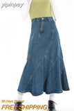 yipinpay Summer Vintage Blue Women Denim Trumpet Skirt Streetwear Style Casual Irregular High Waist Ladies Long Mermaid Jean Skirt