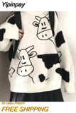 Yipinpay cartoon cow sweaters women's 2023 new autumn and winter Korean style loose long-sleeved pullovers sweater casual outer wear