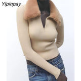 Yipinpay 2023 Women Zip-up Knitted Sweater Coats Harajuku Autumn Winter Warm Long Sleeve Cardigan Turn Down Collar Solid Tops