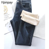 Yipinpay Winter Warm High Waist High Elastic Thickened Mini Flare Jeans Woman Lengthened Plus Velvet