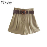 Yipinpay 2Pcs Ladies Vest Blazer Sets 2023 Pretty V-neck Solid Single Breasted Jacket+A-Line Short Trousers With Belt Basic Suits
