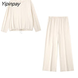 Yipinpay Spring Women Solid Soft Loose Pants Sets 2023 Casual O-Neck Oversized Short Shirt Tops Elastic Waist Wide Leg Pants