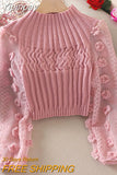 Yipinpay High Collar Sweaters Jumper Pink Twists Sweater Bubble Sleeves Sweet Flowers Knitted Tops Sueter Mujer Chiffon Shirt Chic