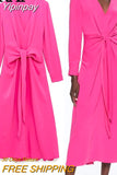 Yipinpay 2023 Pink Dress Women Bow Long Dresses For Women Elegant Casual Women's Dresses Autumn Winter 2023 Long Sleeve Midi Dress