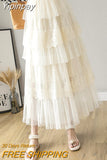 Yipinpay Lace Tulle Skirt Women Solid Summer Long White Black Tutu Skirts A Line Skirt Laides Elegant High Waist Elastic Faldas