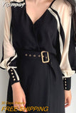 Yipinpay French Vintage Dress Women Belt Sexy Elegant Office Ladies V-neck Dresses Patchwork Casual Stylish Long Sleeve Vestido