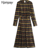 Yipinpay New Women Print Mid-Calf Dresses With Belt 2023 Spring Summer Fashion Ladies Party Dresses Long Sleeve Elegant Vestidos