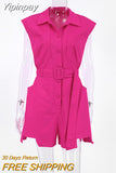 Yipinpay Office Chic Woman Shirt Romper With Sashes Blue Shorts Playsuits 2023 Sleeveless Green One Piece Ladies Summer 2023
