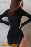yipinpay Dress Long Sleeve Mini Dress Women Side Slit Drawstring Female Dress Autumn Winter Clothes Streetwear Bodycon Y2K Dress