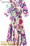 Yipinpay Printed Long Dress Women Cut Out Midi Dresses Woman Ruffle Beach Summer Dress Women 2023 Vintage Elegant Women's Dresses