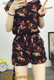 Yipinpay Summer Loose Oversized Sweet Elegant Printed Women's Shorts Set Casual Fashion Short Sleeved Top T-shirt Shorts 2-piece Set