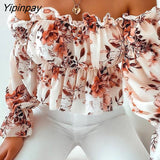 Yipinpay Women Lace Off Shoulder Floral Print Frill Hem Ruched Top Blouse Womens Tops and Blouses