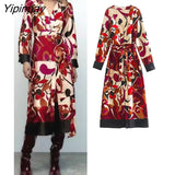Yipinpay 2023 New Women Printed Dresses With Belt Spring Summer Fashion Ladies Party Mid-Calf Dresses Long Sleeve Elegant Vestidos