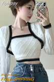 Yipinpay Crop Top Strapless Camisole 2 Piece Sets Korean Clothes V Neck White Knitted Cardigan Jacket Twist Sweater Argyle Shawl