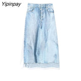 Yipinpay New Thin Skirt Women Summer Fashion Denim Printed Pattern Elastic Female Skirts Big Swing Party Holiday High Waist Skirt