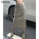 Yipinpay Casual Splitr Cargo Women Skirts Streetwear Solid Vintage High Waist Midi Skirt