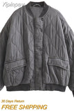 Yipinpay TRAF Fashion Quilted Bomber Jackets for Women 2023 Winter Warm Coat Female Stand Collar with Pocket Loose Jacket Outerwear