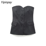 Yipinpay Ladies Solid Blazer Sets 2023 Pretty Strapless Single Breasted Tops Straight Trousers Basic Zipper Pants Causal Suits