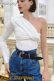 yipinpay Bodysuit Women Top Long Sleeve Body One Shoulder Bodysuits Ruched T Shirt Female Clothing Skinny Streetwear Black Bodysuit