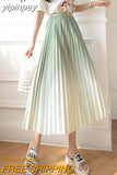 yipinpay Korean High Waist Pleated Skirt Woman Gradient Chic Slim Summer A-line Skirts Girls New Fashion Pink Long Midi Faldas