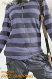 Yipinpay Women Y2K 2000s Retro Knit Basic Tee Shirt Casual Grey Black Striped Long Sleeve Round Neck Tops Club Streetwear
