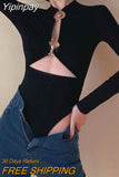 Yipinpay Bodysuit y2k Clothes Bandage Sexy Solid Color Long Sleeve Slim Hollow Out Romper with Metal Ring for Spring Fall 2023
