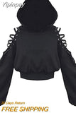 Yipinpay Fashion Printing Sweatshirt Spring Fall 2023 Hoodies Casual Bandage Hollow Out Long Sleeve Exposed Navel Hooded Crop Tops