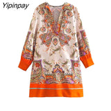 Yipinpay Elegant Women Printed Dresses 2023 Spring Autumn Fashion Vintage V-neck Mini Dresses Long Sleeve Soft Causal Vestidos