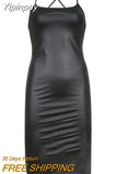 Yipinpay Women‣s Sexy Suspender Mid-length Dress PU Fashion Solid Color Leather Bandage Backless Skinny Split Bodycon Dress Summer