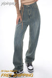 yipinpay Womens Jeans High Waist Blue Fashion Streetwear Straight Pants Baggy Basic Vintage 2023 Summer Female Mom Wide Leg Denim Trouser