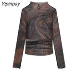 Yipinpay Women Tulle Printed Blouses Shirt 2023 Spring Autumn Causal Long Sleeve Thin Tops Pullover Half High Collar Short T-Shirts