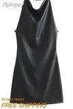 Yipinpay European and American Autumn Halter Neck Sleeveless Halter Imitation PU Leather Black Temperament Sexy Mini Dress