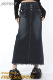yipinpay Women Blue Denim Half Body Skirt Gradient High Waist Casual Korean Fashion Mid Length Bottoms Baggy Vintage Female Long Skirt