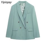 Yipinpay 2023 Autumn Winter Ladies Blazer Pant Sets Office Outfits Long Sleeve Double Breasted Jacket Zipper Trouser Notched Outwear
