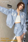 Yipinpay Fashion Two Piece Set Women Letter Print Solid Zipper Loose Coat Pockets High Waist Mini Skirt Spring Autumn Elegant Sets