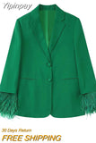 Yipinpay Green Blazer Woman Feather Casual Blazer For Women 2023 Autumn Long Sleeve Office Elegant Womens Jacket Fashion Female Suit