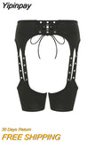 Yipinpay Women's Garter Belt Patchwork Hollow-Out Tie-Up Open Crotch Garter Sexy Lingerie High Thigh Bands Y2K Streetwear