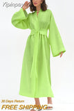 Yipinpay Cotton Linen Long Green Summer Dresses Woman Belt Notched Office Women Dress A-Line Elegant Split Dress Robe Femme