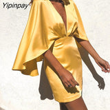Yipinpay Women Soild Elegant Glamorous Deep V Neck Cape Mini Satin Bodycon Skirt Sets