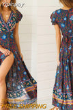 Yipinpay Women Boho V Neck Slim Waist arrival Sexy Long Maxi Dress Summer Beach Hot Party Floral Printed Sundress 2023