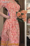 Yipinpay Sleeve French Elegant Dress Beach Floral One Piece Dress Korean Fashion Party 2023 Summer Casual Vintage Midi Dress Woman
