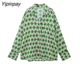 Yipinpay Summer Women Geometric Print Blouses 2023 Fashion Causal Turn Down Collar Shirts Thin Single Breasted Long Sleeve T-Shirts