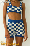yipinpay 2023 Summer Knitted Print Sports Shorts Suit Tracksuit Women Sexy Beach Outfits Strap Top High Waist Shorts Two Piece Set