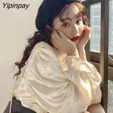 Yipinpay Korean Patchwork Blouses Women Stand Collar Puff Sleeve Long-sleeved Shirt Dropshipping Womens Blouses