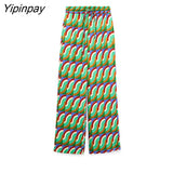Yipinpay 2pcs Women Geometric Print Pant Shirt Sets 2023 Summer Long Sleeve Turn Down Collar Blouse+Wide Leg Trouser Causal Outwear