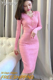 Yipinpay Pink Wrap Hip V Neck Long Sleeve Knitted Dress Women Sashes Slim High Waist Sexy All-match Vestido Mujer Feminino Solid