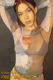 yipinpay T-Shirt Mesh Top Sexy Print Crop Top Party Club Outfits Transparent Tops Streetwear Clothes Long Sleeve Tee Women